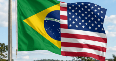 Flag merging Brazilian and American flag elements waving on a flagpole
