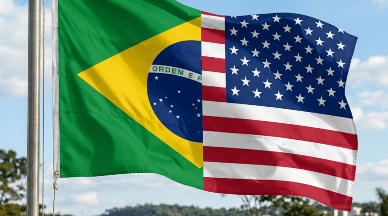 Flag merging Brazilian and American flag elements waving on a flagpole
