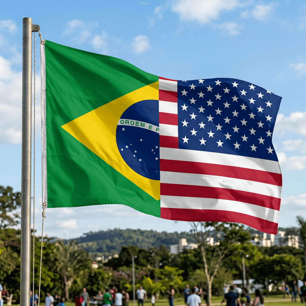 Flag merging Brazilian and American flag elements waving on a flagpole